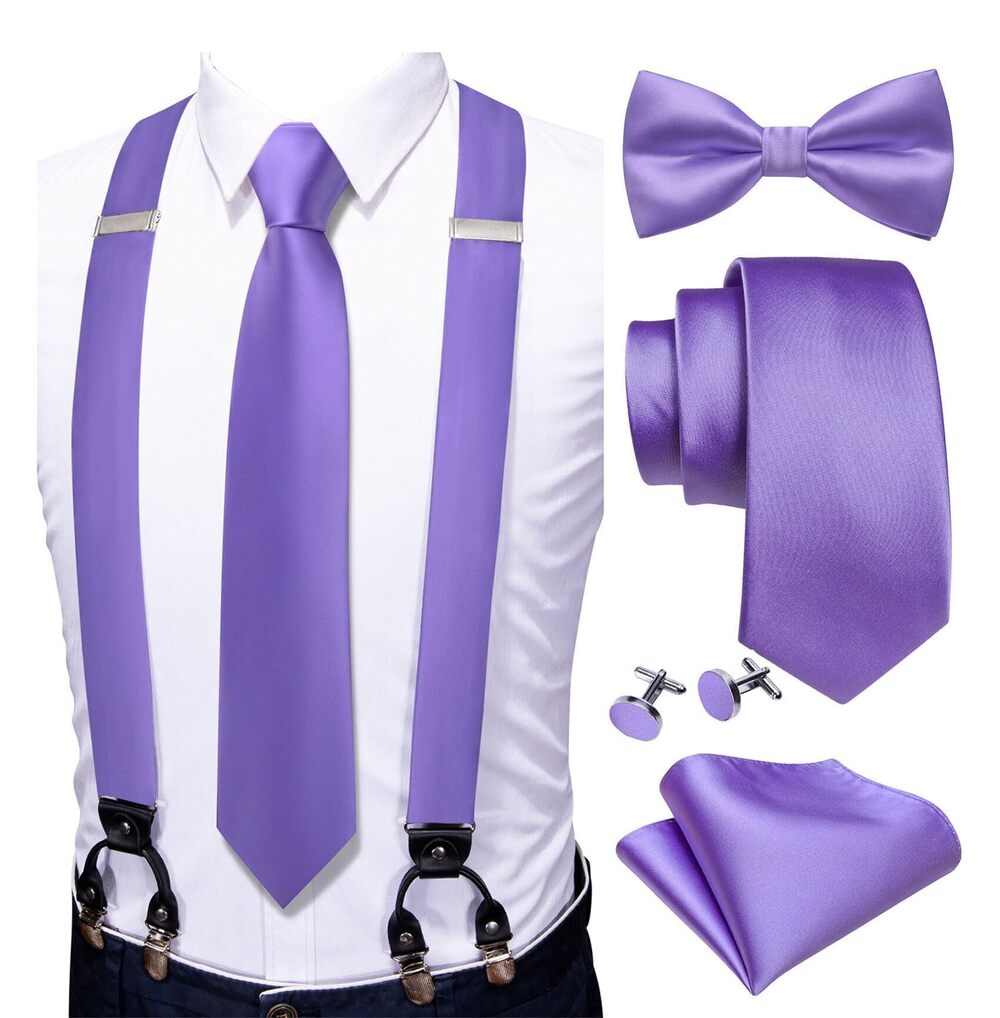 7474 Solid Suspenders Bowtie Necktie 6 Clips Strength Adjustable Y Braces